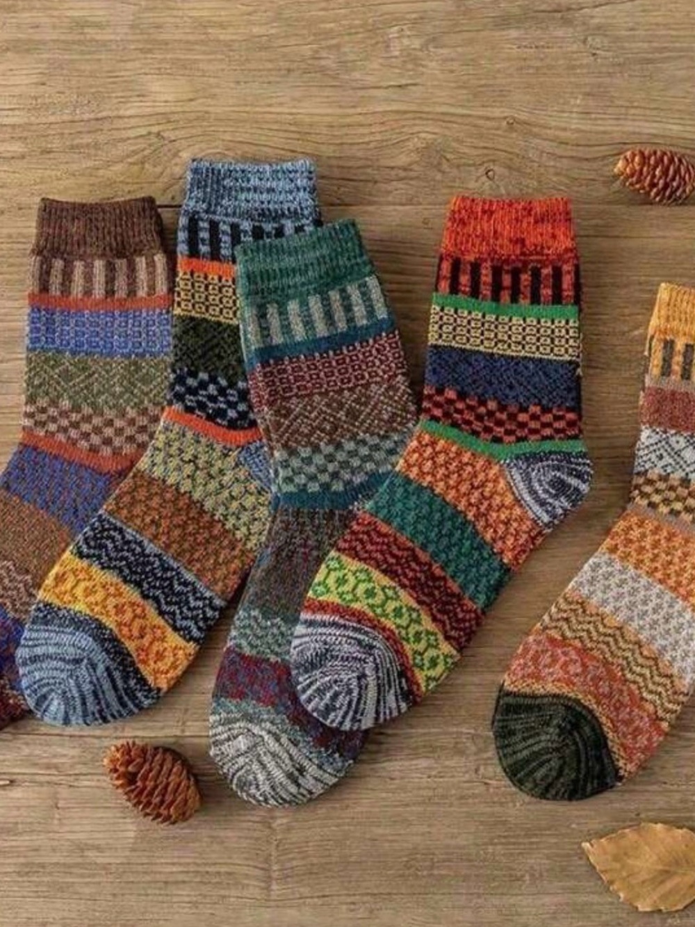 Multi-Color Patterned Wool Blend Crew Socks - Pack Of 5